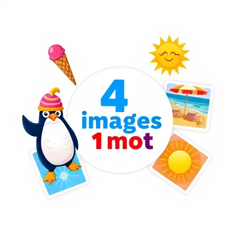 An illustrated concept image showing the logo of the game '4 images 1 mot' surrounded by four symbol