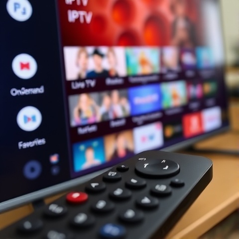 A close-up of a Smart TV interface displaying an IPTV menu with various streaming categories like 'L