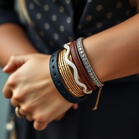An up-close image of a person’s wrist adorned with multiple trendy bracelets, showcasing a mix of ma