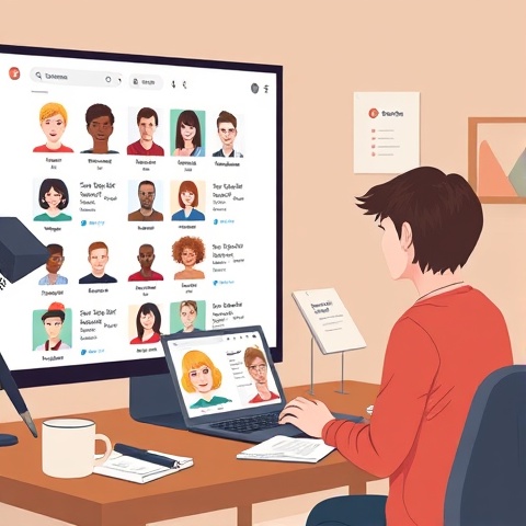 An illustrative image of a digital platform interface for actor casting, showcasing a split-screen l