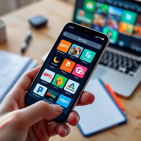 A close-up photorealistic image of a smartphone displaying an IPTV application interface with colorf