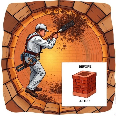 An illustration of the chimney sweeping process, showing a skilled technician using a specialized br