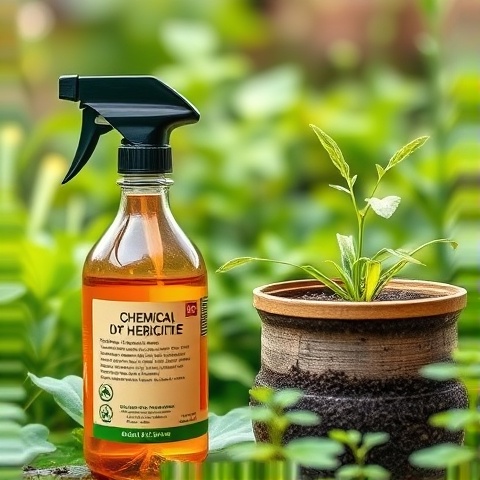 A detailed close-up of two types of herbicides: a chemical herbicide in a labeled spray bottle and a