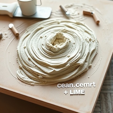A close-up, photorealistic image of a fresh cement-lime mix on a plastering board. The image should 