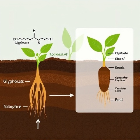 An educational illustration depicting the chemical structure of glyphosate alongside a diagram showi