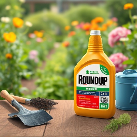 An illustrative image showing a close-up of a Roundup herbicide bottle on a wooden table, surrounded