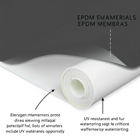 An informative, detailed close-up image of an EPDM membrane roll, displaying its composition materia
