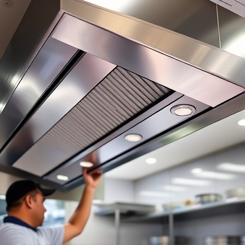 A close-up of a professional kitchen hood with detailed features such as grease filters and exhaust 
