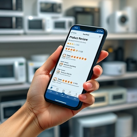 A close-up image of a hand holding a smartphone displaying a product review app. The background is s