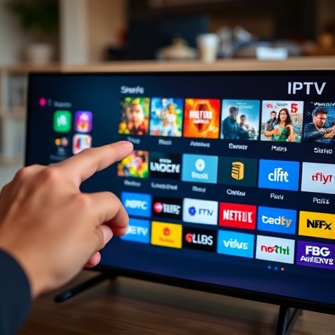 A close-up image of a user interacting with an IPTV interface on a touchscreen device, displaying va