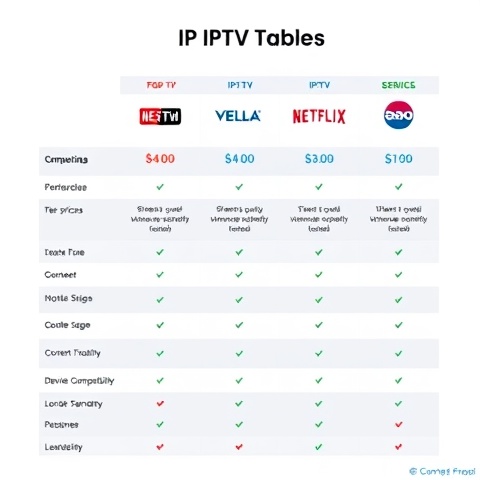 Illustrate a comparison chart for different IPTV services. The image should feature a clean, profess