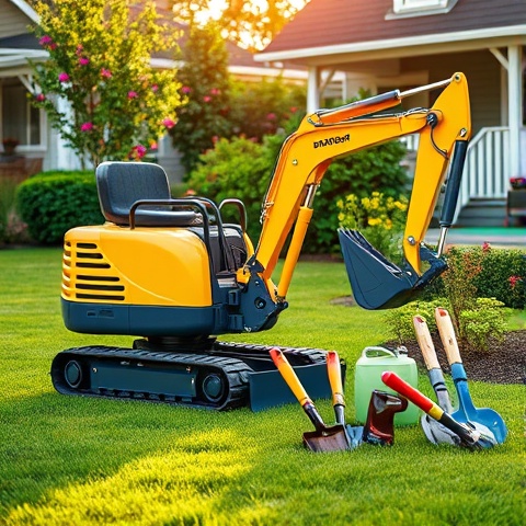 A close-up photorealistic image of a budget-friendly mini excavator parked on a residential lawn, su