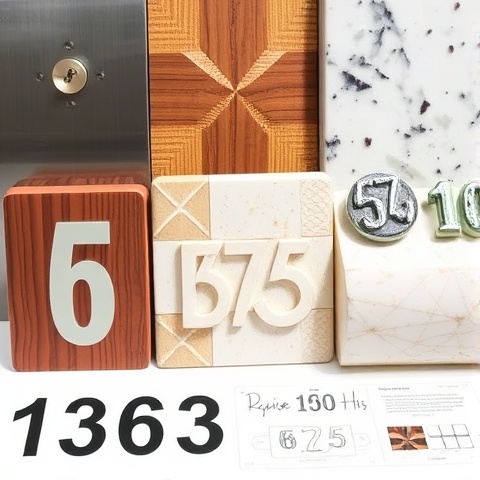 An up-close view of various materials used for house numbers, including stainless steel, wood, and c