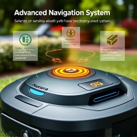 A close-up view of the advanced navigation system of a Husqvarna robotic lawn mower, showcasing its