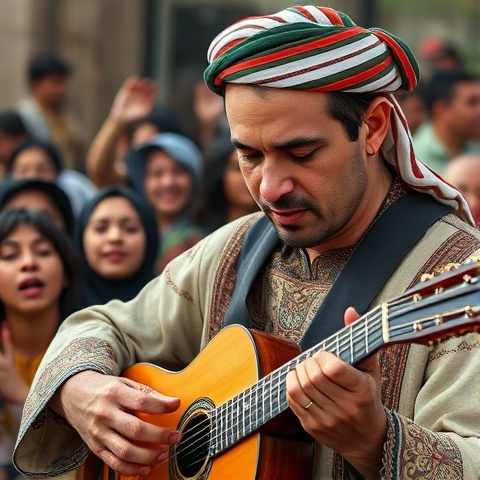 A detailed portrait of a classic Rai musician, a male singer strumming a mandole. He is dressed in t