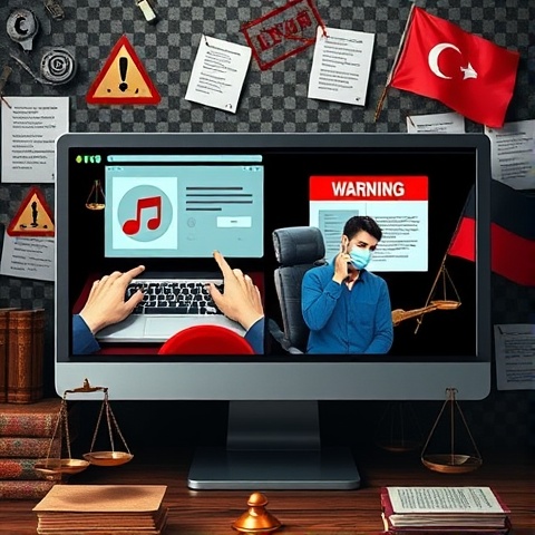 A thoughtful depiction of the legality surrounding music downloading. The image features a split scr