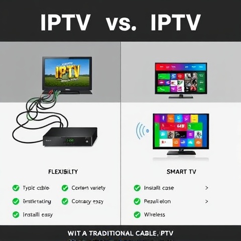 An infographic-style image comparing IPTV and traditional cable TV. The left side features a typical