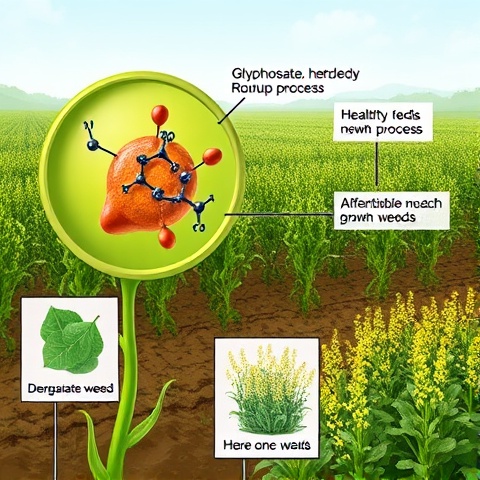 An educational illustration depicting the mechanism of glyphosate in Roundup herbicide. Show a close