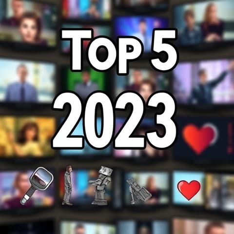 An artistic illustration showcasing a 'Top 5' list of 2023 TV series. Each series is represented by 