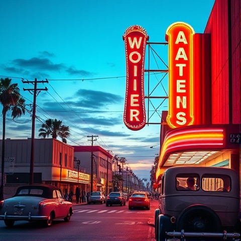A historical depiction of the first neon sign installed in Los Angeles in 1923, showcasing a classic