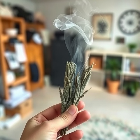 A close-up shot of a hand holding a bundle of sage, emitting wisps of aromatic smoke, with a blurred