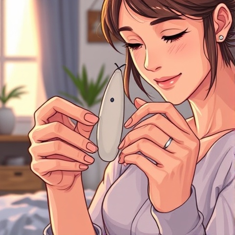 An illustration of a person holding a high-quality sex toy, closely examining the materials and safe