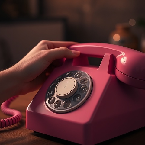 A close-up, photorealistic image of a hand dialing a vintage pink telephone, with a soft-focus backg