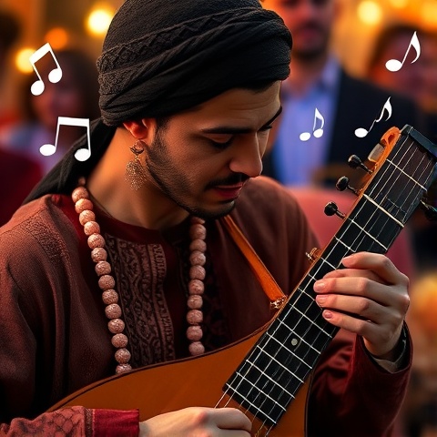 A close-up of an iconic musician representing rai music, capturing the essence of their performance.