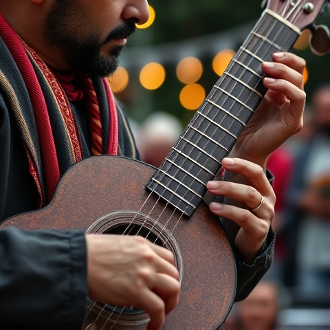 a close-up of a traditional Rai musician playing a gimbri, with detailed textures of the instrument;