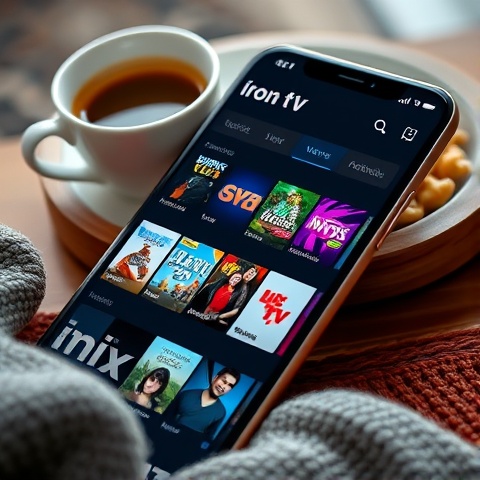 An artistic close-up of a smartphone screen displaying the Iron TV Pro app interface. The screen sho