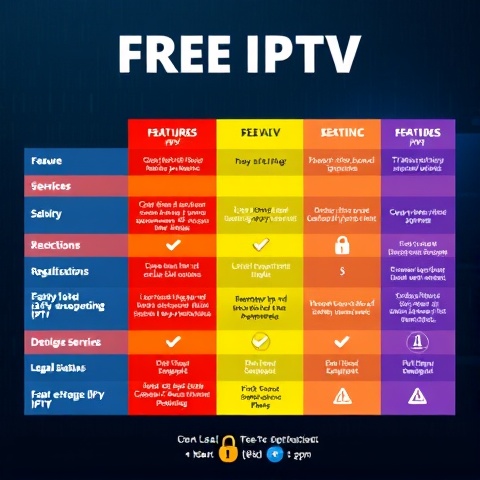 An infographic-style illustration comparing different free IPTV services, featuring a colorful table