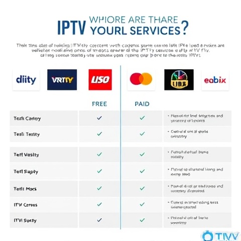 An infographic-style image comparing different IPTV services, featuring icons or logos of both free 
