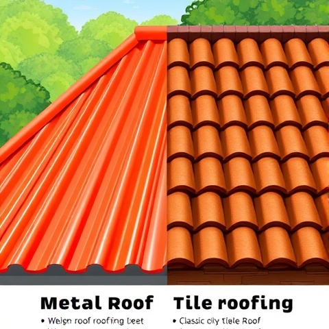 An informative illustration comparing metal roofing and tile roofing side by side. On one side, a cl