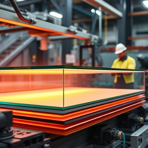 A detailed close-up of the tempered glass manufacturing process, showing layers of glass being heate